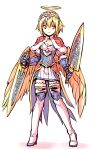  1girl angel_wings armor blonde_hair boots breasts capelet cleavage dual_wielding fur_trim gauntlets halo ishiyumi pleated_skirt puzzle_&amp;_dragons reverse_grip rozuel_(p&amp;d) short_hair simple_background skirt solo standing sword thigh-highs thigh_boots tiara weapon white_background wings 