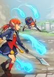  2girls city dungeon_and_fighter fire magic multiple_girls pointy_ears polearm ponytail redhead segamark spear staff weapon 