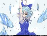  1girl arms_up blue_dress blue_hair blue_sky bow cirno closed_eyes collared_shirt dated day dress energy hair_bow hands_above_head ice_crystal motegi_hisashi ribbon shirt sky solo touhou white_shirt 