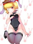  1girl animal_ears bare_shoulders blonde_hair blush bow bowtie bunny_print bunnysuit dango detached_collar doku_corne eating flat_cap food grin hat highres leg_up looking_at_viewer one_eye_closed rabbit_ears red_eyes ringo_(touhou) shoes short_hair smile solo thigh-highs touhou wagashi white_background 