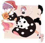  1girl arm_rest blob blouse book boots chibi_inset dated doremy_sweet doyagao earrings eyebrows eyes_visible_through_hair full_body hat jewelry looking_at_viewer namataro nightcap no_symbol open_mouth pom_pom_(clothes) purple_hair short_hair skirt solo tail thick_eyebrows touhou translated violet_eyes 
