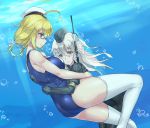  2girls ass blonde_hair blue_eyes breast_press breast_smother breasts bubble cropped_jacket evuoaniramu garrison_cap glasses hat heart hug i-8_(kantai_collection) kantai_collection large_breasts long_hair low_twintails military military_uniform multiple_girls puffy_sleeves school_swimsuit smile sunlight swimsuit thigh-highs twintails u-511_(kantai_collection) underwater uniform white_legwear 