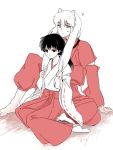  1boy 1girl hair_grab hair_pull hakama higurashi_kagome inuyasha inuyasha_(character) japanese_clothes long_hair miko monochrome pants red_pants sitting sweatdrop ukyou_(sakyoo) wide_sleeves 