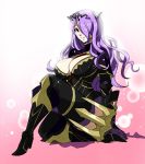  1girl breasts camilla_(fire_emblem_if) cleavage fire_emblem fire_emblem_if gloves hair_over_one_eye highres large_breasts long_hair looking_at_viewer matsu-sensei purple_hair sitting smile solo violet_eyes 