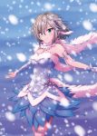  1girl anastasia_(idolmaster) bare_shoulders blue_eyes bococho detached_sleeves dress hair_ornament idolmaster idolmaster_cinderella_girls jewelry necklace outstretched_arms short_hair silver_hair smile snow spread_arms wind 