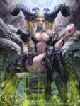  1girl artist_name artist_request bare_shoulders blonde_hair breasts cleavage crossed_legs demon_girl elbow_gloves gloves highres horns large_breasts legend_of_the_cryptids looking_at_viewer sitting slime thigh-highs twintails 