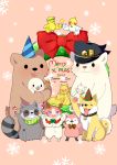  2015 absurdres antlers artist_name bear bird bow candy candy_cane cat chibi child closed_eyes collar fake_antlers gingerbread_man hairband hat headband highres jojo_no_kimyou_na_bouken kakyouin_noriaki merry_christmas paws peace_symbol penguin pink_hair raccoon ribbon seal serika_sakamoto smile snowflake_background violet_eyes wolf wreath younger 