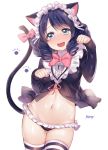  1girl :3 :d animal_ears artist_name bangs bell black_panties blue_eyes blush bow bowtie cat_ears cat_tail cowboy_shot curly_hair cyan_(show_by_rock!!) eyebrows eyebrows_visible_through_hair fang frills hairband jingle_bell long_hair long_sleeves looking_at_viewer mery_(apfl0515) navel no_pants open_mouth panties paw_pose paw_print pink_bow pink_bowtie pink_ribbon ribbon show_by_rock!! simple_background smile solo stomach striped striped_legwear swept_bangs tail tail_bow thigh-highs thigh_gap underwear white_background 