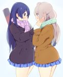  2girls blue_hair blush coat eye_contact funinki_(evota) grey_hair hand_on_another&#039;s_cheek hand_on_another&#039;s_face long_hair looking_at_another love_live!_school_idol_project minami_kotori mittens multiple_girls scarf skirt sonoda_umi yellow_eyes yuri 