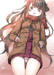  1girl black_hair blush brown_coat buttons coat commentary_request dress from_below hachimitsu_(hati718) hair_ribbon hands_in_pockets kantai_collection long_hair long_sleeves looking_at_viewer looking_down multicolored_hair naganami_(kantai_collection) open_clothes open_coat open_mouth panties pantyshot pantyshot_(standing) pink_hair red_scarf ribbon scarf school_uniform serafuku solo standing underwear uniform upskirt 
