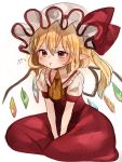  1girl :t ascot bangs blonde_hair bow flandre_scarlet full_body gotoh510 hair_between_eyes hat hat_bow highres mob_cap pointy_ears pout short_hair short_sleeves side_ponytail simple_background sitting sketch skirt skirt_set solo touhou white_background wings 