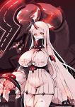  1girl breasts claws cleavage covered_mouth detached_sleeves dress highres horn kantai_collection large_breasts long_hair looking_at_viewer pale_skin red_eyes ribbed_dress seaport_hime shinkaisei-kan short_dress sketch solo sweater sweater_dress torn_clothes very_long_hair white_hair yuzuki_gao 