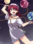  1girl alternate_costume chain collar earrings earth hat hecatia_lapislazuli hemogurobin_a1c jewelry moon naked_shirt one_eye_closed open_mouth red_eyes redhead shirt smile solo touhou wrist_cuffs 