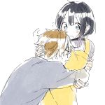  1boy 1girl alternate_hair_length alternate_hairstyle apron black_hair blue_eyes brown_hair closed_eyes couple hetero hug husband_and_wife kitashirakawa_tamako momose_(oqo) ooji_mochizou short_hair tamako_market 