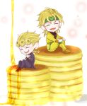  absurdres aruti blonde_hair chibi closed_eyes dio_brando earrings fangs father_and_son giorno_giovanna headband highres jewelry jojo_no_kimyou_na_bouken laughing pancake pointy_shoes shoes sitting syrup 