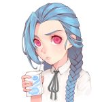  1girl absurdres bangs blue_hair braid collared_shirt drinking drinking_straw eyelashes hair_over_shoulder highres jinx_(league_of_legends) league_of_legends long_hair looking_at_viewer milk_carton neck_ribbon pink_eyes ribbon shirt simple_background solo swept_bangs twin_braids upper_body white_background white_shirt zhano_kun 