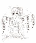 1girl catbell highres japanese_clothes kimono looking_at_viewer monochrome simple_background smile solo white_background 