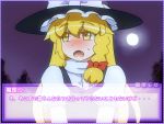  1girl black_dress blonde_hair blush bow braid dress fang full_moon hat hat_bow kirisame_marisa long_hair moon night open_mouth puffy_short_sleeves puffy_sleeves shirosato short_sleeves single_braid sky solo star_(sky) starry_sky touhou translation_request upper_body witch_hat yellow_eyes 