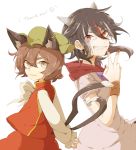  2girls animal_ears arms_behind_back back-to-back black_hair blouse brown_eyes brown_hair cat_ears cat_tail chen chinese_clothes earrings english eyebrows fang grin hat horns interlocked_fingers jewelry kijin_seija long_sleeves looking_at_viewer mob_cap multicolored_hair multiple_girls multiple_tails namataro red_eyes redhead smile smiley_face streaked_hair tail thick_eyebrows touhou two_tails v white_background wristband 
