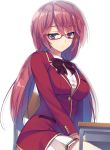  1girl blazer blue_eyes desk glasses long_hair pleated_skirt red-framed_glasses redhead ribbon school_desk school_uniform simple_background sitting skirt table tomose_shunsaku white_background youkoso_jitsuryoku_shijou_shugi_no_kyoshitsu 