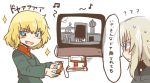  2girls ? blonde_hair blue_eyes blush fang game_console girls_und_panzer grey_hair itsumi_erika katyusha multiple_girls musical_note open_mouth rebecca_(keinelove) school_uniform sparkle sweat television translation_request video_game 