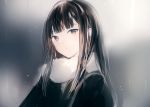  1girl bangs black_coat blunt_bangs blurry_background breath brown_hair coat expressionless eyebrows eyebrows_visible_through_hair fur_trim grey_background head_tilt long_hair looking_at_viewer lp_(hamasa00) original parted_lips rain solo upper_body very_long_hair water winter_clothes winter_coat 