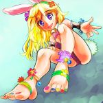  1girl animal_ears anklet barefoot blonde_hair blush bow bowtie breasts bunny_girl bunny_tail bunnysuit cleavage detached_collar feet flower freckles hair_flower hair_ornament hairband jewelry legs long_hair original rabbit_ears smile solo tail toenail_polish toes tsukiyono_aroe violet_eyes wrist_cuffs 