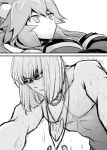  1boy 1girl animal_ears bob_cut caster_(fate/extra) fate/grand_order fate_(series) fox_ears jewelry monochrome necklace sakata_kintoki_(fate/grand_order) shiromako sunglasses sweat topless 