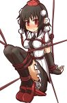  &gt;:( 1girl arms_behind_back black_hair black_legwear black_necktie blush bound bound_arms bound_legs elbow_gloves eyebrows eyebrows_visible_through_hair fingerless_gloves frown full_body gloves hat highres kumo_(atm) mary_janes pointy_ears red_eyes red_rope rope shameimaru_aya shibari shirt shoes short_hair simple_background solo thigh-highs tokin_hat touhou white_background white_shirt 