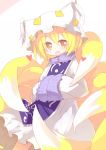  1girl blonde_hair brown_eyes dress fang fox_tail hands_together hat heart looking_at_viewer multiple_tails open_mouth poketo sleeves_past_wrists solo tail touhou yakumo_ran 