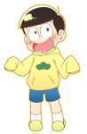  1boy brown_eyes brown_hair highres hood hoodie ikeda_jun_(aquaqua) male_focus matsuno_juushimatsu open_mouth osomatsu-kun osomatsu-san shorts sleeves_past_wrists slippers smile 