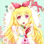  aikatsu! blonde_hair blush cherry dress hoshimiya_ichigo long_hair red_eyes ribbon 
