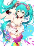  1girl ahoge aqua_eyes aqua_hair bare_arms breasts cleavage detached_collar hairband hatsune_miku highres long_hair looking_at_viewer one_eye_closed phino skirt smile solo spaghetti_strap thigh-highs twintails very_long_hair vocaloid wristband zettai_ryouiki 