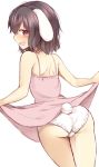  1girl animal_ears ass bare_arms bare_shoulders black_hair blush brown_eyes bunny_tail dress dress_lift inaba_tewi looking_at_viewer nnyara open_mouth panties pink_dress rabbit_ears sleeveless sleeveless_dress solo tail thighs touhou underwear white_panties 