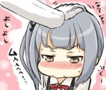  1girl blush bow bowtie brown_eyes chibi commentary_request engiyoshi grey_hair hand_on_another&#039;s_head kantai_collection kasumi_(kantai_collection) petting remodel_(kantai_collection) side_ponytail solo_focus sweatdrop translation_request 