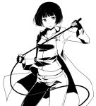  1girl bangs bob_cut character_request commentary_request copyright_request fingerless_gloves gloves greyscale long_coat monochrome navel pants short_hair simple_background solo theta_(ponkotsu_works) whip white_background 