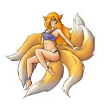  1girl animal_ears ass bare_legs bare_shoulders barefoot blonde_hair bottomless breasts crop_top facial_tattoo fox_ears fox_tail hair_over_one_eye long_hair looking_at_viewer multiple_tails navel original outstretched_arm simple_background smile solo tail tattoo thundragon transparent_background 