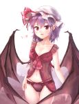  1girl bangs bat_wings black_panties blush collarbone cowboy_shot fang hat hat_ribbon lingerie minust mob_cap nail_polish navel negligee open_mouth panties purple_hair red_eyes remilia_scarlet ribbon see-through short_hair simple_background solo standing touhou underwear wings 