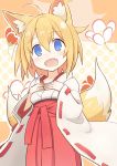  1girl ahoge animal_ears blonde_hair blue_eyes blush blush_stickers cowboy_shot fang floral_background fox_ears fox_tail hakama hands_on_own_chest ichi_hachi_rei_rei japanese_clothes kimono miko multiple_tails open_mouth original polka_dot polka_dot_background ribbon-trimmed_sleeves ribbon_trim short_hair smile solo tail two_tails yellow_background 