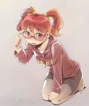  1girl blush glasses kubocha original redhead seiza sitting smile solo twintails 