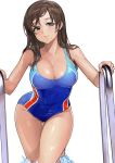  1girl absurdres ameyame breasts brown_eyes brown_hair character_request cleavage competition_swimsuit highres idolmaster idolmaster_cinderella_girls idolmaster_cinderella_girls_starlight_stage large_breasts one-piece_swimsuit simple_background smile solo swimsuit white_background wide_hips 