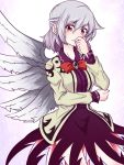  1girl angel_wings benizuwai blush bow bowtie covering_mouth dress feathered_wings grey_wings hand_on_own_face hand_over_own_mouth jacket jewelry kishin_sagume long_sleeves looking_at_viewer open_clothes open_eyes open_jacket purple_dress red_eyes short_hair silver_hair simple_background single_wing solo touhou upper_body white_background wings 