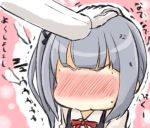  1girl anger_vein blush bow bowtie chibi commentary_request engiyoshi full-face_blush grey_hair hand_on_another&#039;s_head kantai_collection kasumi_(kantai_collection) petting remodel_(kantai_collection) side_ponytail solo_focus sweatdrop translation_request trembling 