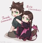  :t artist_name assassin&#039;s_creed:_syndicate assassin&#039;s_creed_(series) braid brown_hair child demon_girl evie_frye fang freckles green_eyes jacob_frye lowres shinzui_(fantasysky7) succubus tail werewolf wings wolf_tail younger 