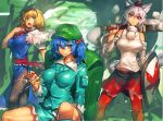  3girls alice_margatroid animal_ears backpack bag bare_shoulders black_legwear blonde_hair blue_dress blue_eyes blue_hair breasts cabbie_hat capelet detached_sleeves dress frills green_eyes hair_bobbles hair_ornament hairband hat holding_sword holding_weapon inubashiri_momiji jpeg_artifacts kawashiro_nitori key large_breasts leaf long_sleeves looking_at_viewer multiple_girls nature open_mouth outdoors over_shoulder pom_pom_(clothes) puffy_sleeves red_eyes ribbon shield shirt short_hair short_sleeves short_twintails silver_hair skirt standing sword tail temmasa22 thigh-highs tokin_hat touhou twintails two_side_up upper_body weapon wolf_ears wolf_tail worktool wrench zettai_ryouiki 