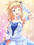  1girl :d ;d arm_up armpits bare_shoulders blonde_hair blue_eyes bracelet breasts detached_collar dress e20 gloves hand_on_hip highres idolmaster idolmaster_cinderella_girls idolmaster_cinderella_girls_starlight_stage jewelry large_breasts long_hair looking_at_viewer one_eye_closed ootsuki_yui open_mouth ponytail ribbon side_ponytail sleeveless sleeveless_dress smile solo sparkle teeth tiara white_gloves 
