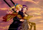  2girls ayase_eli blonde_hair blush closed_eyes green_eyes hair_ribbon high_ponytail love_live!_school_idol_project multiple_girls open_mouth outstretched_arms parody purple_hair ribbon scarf sky smile sunset suzushiro333 titanic toujou_nozomi yuri 