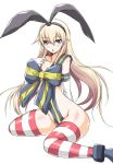  1girl :o aoiakira553 blonde_hair blue_eyes blush bow elbow_gloves gloves hairband kantai_collection looking_at_viewer naked_ribbon ribbon shimakaze_(kantai_collection) simple_background sitting solo striped striped_legwear thigh-highs white_background white_gloves 