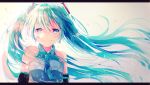  1girl aqua_eyes aqua_hair detached_sleeves gradient gradient_background green_eyes grey_background hatou_midori hatsune_miku letterboxed long_hair looking_at_viewer necktie smile solo tears twintails upper_body very_long_hair vocaloid 