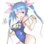  1girl blue_hair fang hair_ribbon i-19_(kantai_collection) jotarozaku kantai_collection long_hair name_tag one-piece_swimsuit one_eye_closed red_eyes ribbon school_swimsuit solo star star-shaped_pupils swimsuit symbol-shaped_pupils twintails whip 